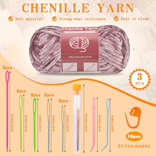 Image of LUNARM Chenille Yarn 3 Pack 3.5oz Chunky Blanket Velvet Yarn 263 Yard | Purple Gray Chunky Chenille Yarn for Beginners Crocheting Hand Knitting Scarves with Big Eye Needles Machine Washable