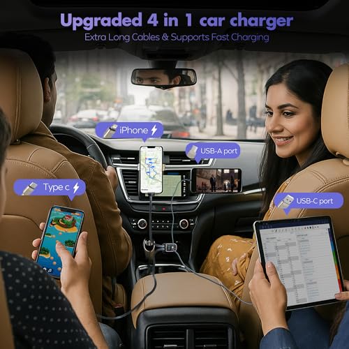 Image of ShineXPro Starlight Retractable Car Charger - Extra-Long Type-C Retractable Cables, 4-in-1 Car Mobile Charger with Starry Sky, 120W Car Fast Charger with Dual USB Port for Android & iOS Devices