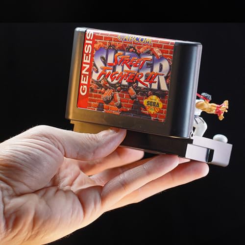 Image of Console Heroes Super Street Fighter II Collectible Diorama - Mini Ryu & Ken Figures with Dock Stage Scene - Retro SEGA Genesis Cartridge Display & Playset