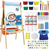 CABALLETE DE ARTE TODO EN UNO PARA NIÑOS: Este set de caballete de pintura satisfará todas las necesidades de su pequeño artista. Incluye 1 caballete para niños, 3 rollos de papel individuales de 18''× 65 pies, 6 colores × 35ml de pinturas lavables para niños, 12 bolígrafos de pizarra, tizas, bolsa de almacenamiento, vasos de pintura, letras de espuma y botones redondos, pinceles, paleta de plástico, bata de arte y borrador de pizarra.