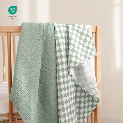 Image of lulumoon Muslin Swaddle Blankets for Baby: Soft Cotton Newborn Receiving Blankets - Plaid Print Nursery Gift Set for Baby Girls(SagePlaid)