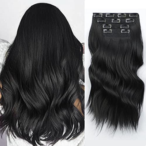 Sué Exquisite 4PCS 14 inches Long Soft Waves Thick Hairpieces Clip in Hair Extensions Black Synthetic Fiber Double Weft Soft Hair for Women Full Head