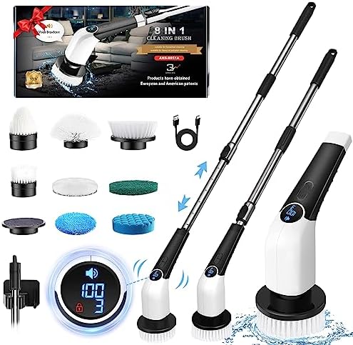 Electric Spin Scrubber, LOSUY Shower Scrubber with LED Screen, Power Shower Scrubber for Bathroom, Kitchen, Floor, Tile, Tub with 12-45 in Adjustable Extension Arm and 8 Replaceable Drill Brush Heads