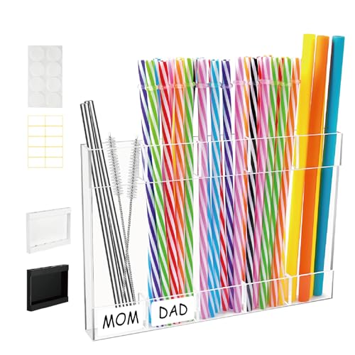Yiilead Straw Holder, Transparent Acrylic Straw Dispenser with Double Sided Adhesive Tape and Stickers,Organizer for Cupboard Reusable for Kitchen Counter (Transparent)