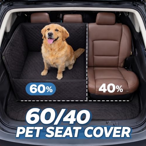 Image of Dog Car Seat Cover 60 /40 Split for Back Seat, Waterproof Pet Seat Cover for Dogs, Scratchproof, Anti-Slip, with Flaps and Mesh Window