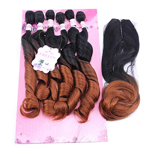 FRELYN Loose Wave Synthetic Hair Weave Bundles with Closure Ombre Color T1B/30 Black to Ginger 16 18 20 Inches Bundles with Lace Closure