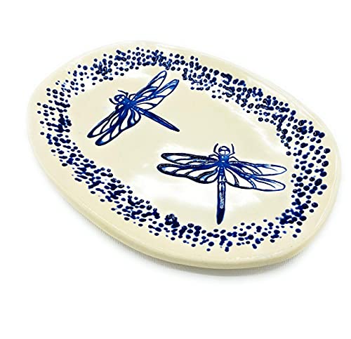 B JANECKA Blue Dragonfly Oval Tray, 7 x 4.5 Inches, Pottery 9th Anniversary Gift, Handmade in USA