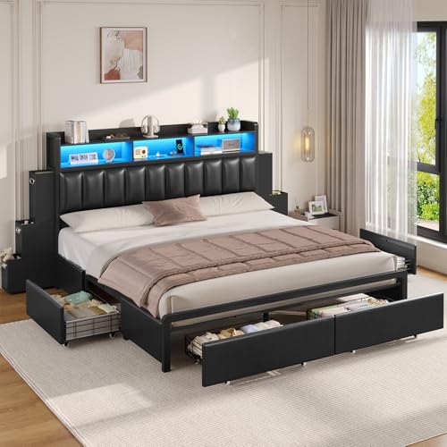 ADORNEVE California King Bed Frame with 10 Storage Drawers & RGB Bookcase Headboard, PU Upholstered Cal King Bed with Charging Station, Heavy Duty Metal Slats, No Box Spring Needed, Black