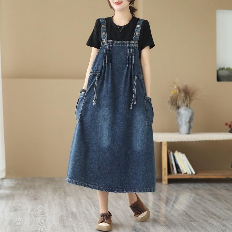 Robes Casual Femme,Robe Chasuble en Jean pour Femme Élégante Bleu Foncé sans Manches Débardeur Été Décontractée Ample Salopette en Jean Surdimensionnée Froncée Cordon De Serrage