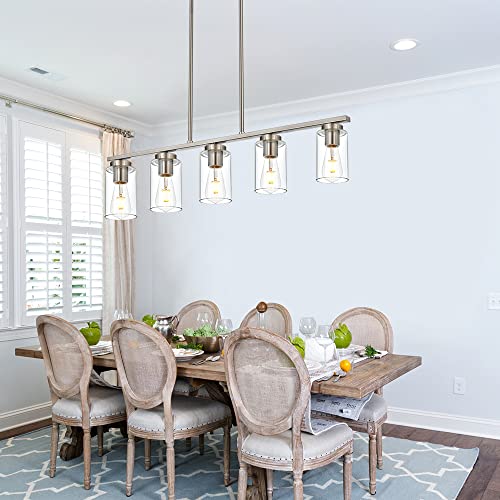 Vinluz Kitchen Island Pendant Light Fixture 5 Lights Metal Farmhouse Chandeliers In Brushed Nickel Finish Linear Classic Ceiling Hanging Lighting With Glass Shade For Dining Room, Foyer, Restaurant #TOP2