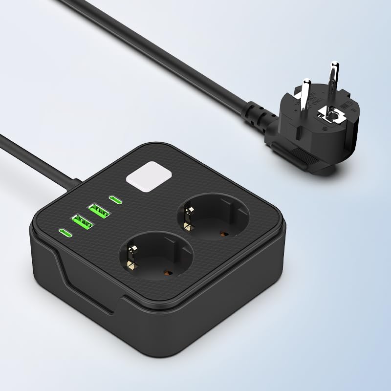 Steckdosenleiste 6-in-1 mit 2M Kabel, 2 AC-Steckdosen, 2 USB und 2 Type-C Anschlüsse, für Zuhause, Büro und Reisen