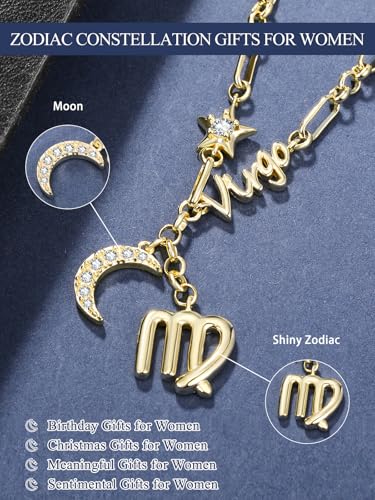 14K Gold Zodiac Necklace for Women - Horoscope Constellation Pendant with Moon and Star, Luxury Birthday Gifts Jewelry for Her (12 Zodiac Signs)2