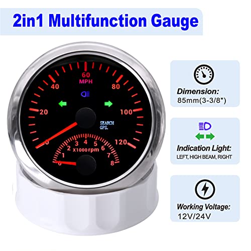 Image of ARTILAURA GPS Speedometer 0-120MPH with Tachometer 8000 RPM Gauge 85mm 3-3 /8 inch Boat GPS Speedometer Gauge with Antenna for Car Marine (Black and Silver)