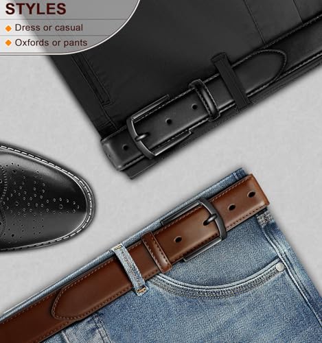 Image of BULLIANT Men Belt 2Pack-Leather Belt 7Holes Comfortable For Men's Dress Casual Jeans 1 3 /8 inch