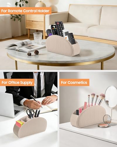 Image of SITHON Remote Control Holder with 5 Compartments - PU Leather Remote Caddy Desktop Organizer Store TV, DVD, Blu-Ray, Media Player, Heater Controllers, Stripe Latte