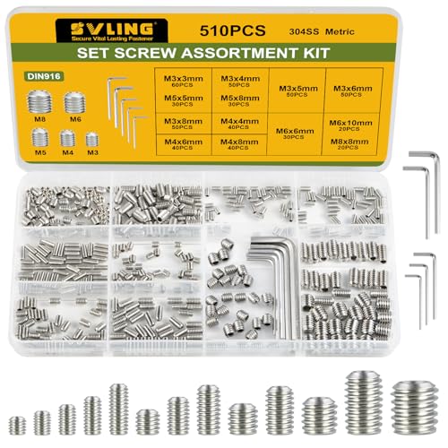 SVLING Set Screw Assortment Kit 510PCS, 13 Sizes Metric Set Screws M3 M4 M5 M6 M8 Socket Screw Kit 304 Stainless Steel for Bathroom Fixtures Door Handles