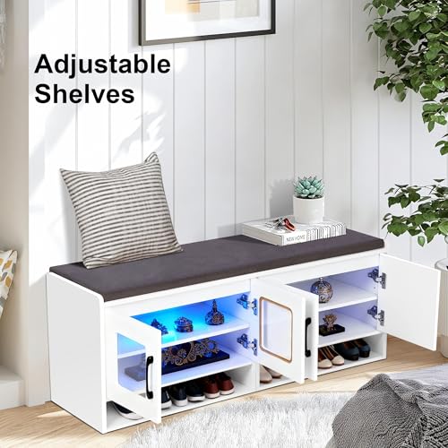 vellaniq Shoe Bench with Thickened Cushion,Entrance Bench with Glass Door and Ambient Light,Three-Layer Shoe Rack,Color Changing Light Strip, Two Large Storage Spaces,Living Room,Bedroom,White - image 3