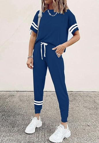 Image of PRETTYGARDEN Women's Two Piece Outfits Striped Short Sleeve Pullover and Long Pants Tracksuit Pajama Lounge Jogger Sets