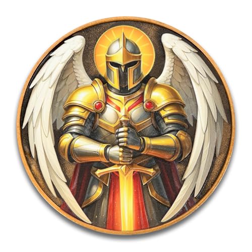 St. Benedict Challenge Coin, Saint Benedict Pocket Medal - 1.574 Inch Zinc Alloy Antique Color Collectible Coin with Armored Angel & Latin Cross - Dual-Sided 3D Engraved Military/Religious Coin