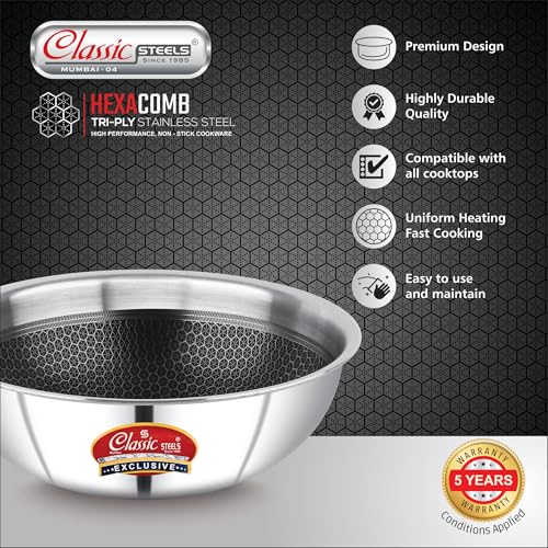 Image of Classic Steels Hexa Comb Triply Tasla Without Lid - 1.5 LTR (20cm) | Stainless Steel Deep Kadhai | Gas & Induction Compatible | Silver Cookware for Indian Cooking | 2.5mm Thickness