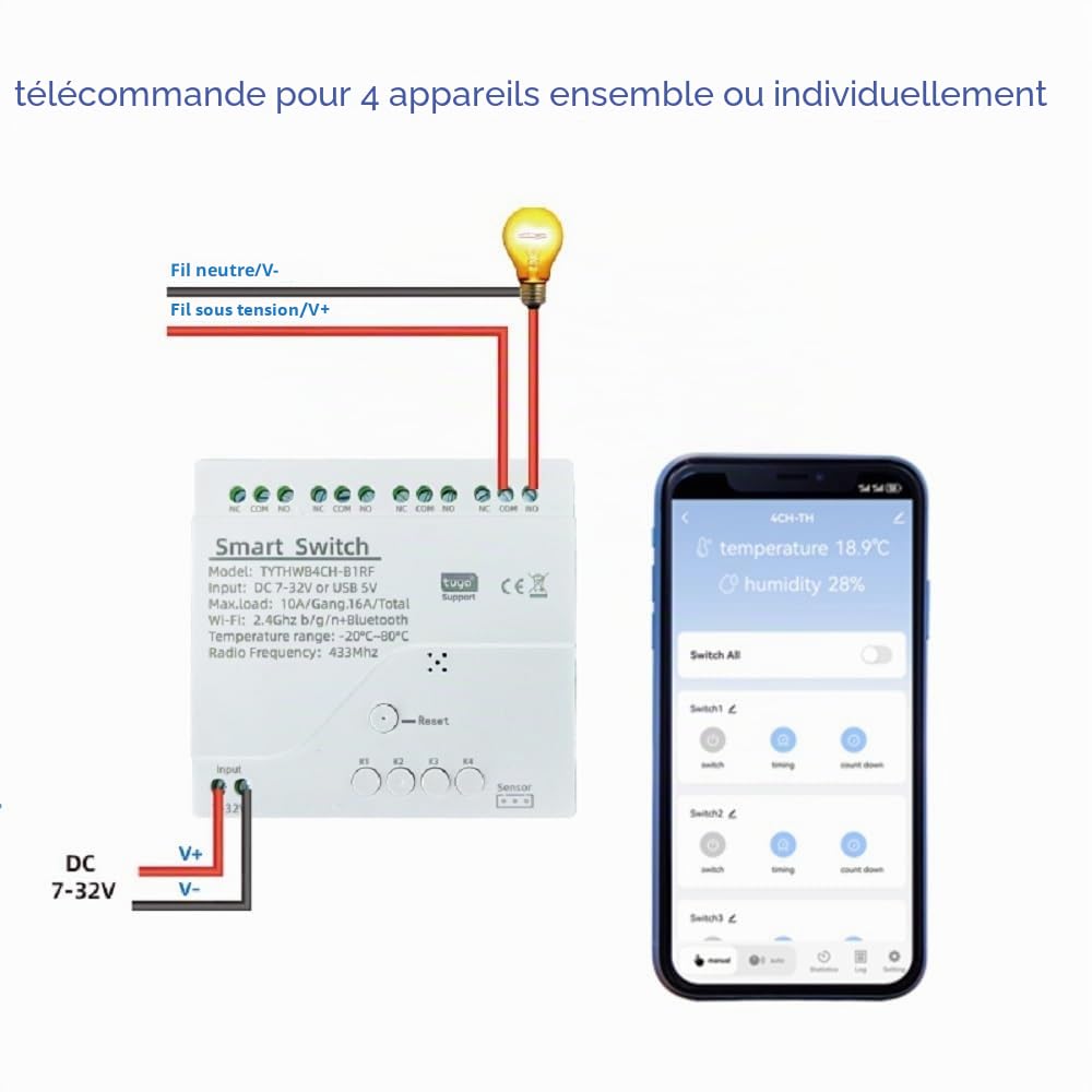 Tuya WIFI Interrupteur intelligent de capteur de température sans fil, application Remote Clean, fonctionne avec Alexa Google home (température, 4CH)