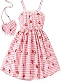 Frogwill Girls Strawberry Button Dress Plaid Sundress with Matching Bag 7-8 Years, PinkPlaid