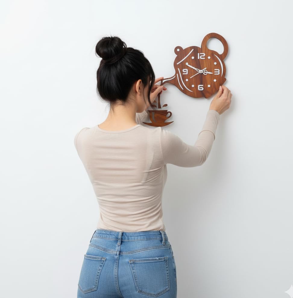 Image of Designer Wooden Wall Clock | Unique Teapot Shape Wall Clock for Home, Kitchen, Living Room & Office | Decorative Modern Acrylic Wall Clock (Wooden)