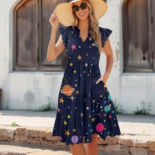 Womens Summer Dress Ruffle Sleeve V Neck Dress Casual Fit Flowy Beach Vacation Sundress with Pocket S-2XL3