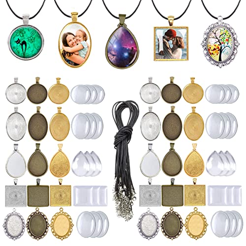 J6QIHANG Pendant Trays Kit for DIY Jewelry Craft Making Including Round Pendant Bezel Blank Trays Glass Cabochons Waxed Necklace Cords for Photo Cameo Jewelry Making