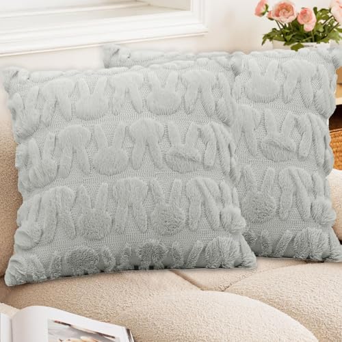 kaiwern 2X Easter Pillow Covers 17.7X 17.7 Soft Plush Faux Wool Fur with 3D Embroidery Easter Bunny Design for Home Easter Spring Decor on Sofa, Couch, Skin-Friendly (Grey, 40X40)