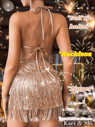 Image of Kaei&Shi Sequin Fringe Romper,Sparkly Glitter Metallic Jumpsuits For Women,Backless Shorts Dress Disco Birthday Dance Outfit