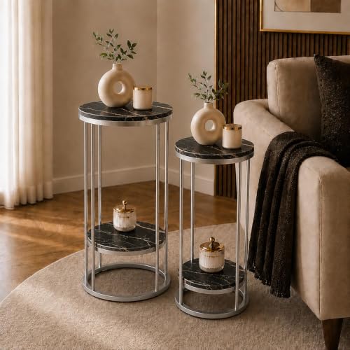 Image of Plant Stand Indoor Outdoor Metal, 2-Tier Modern Plant Shelf, Corner Flower Pot Holder, Plant Stand Table for Living Room Balcony Patio Garden Entryway Set Of 2 (Silver & Black)