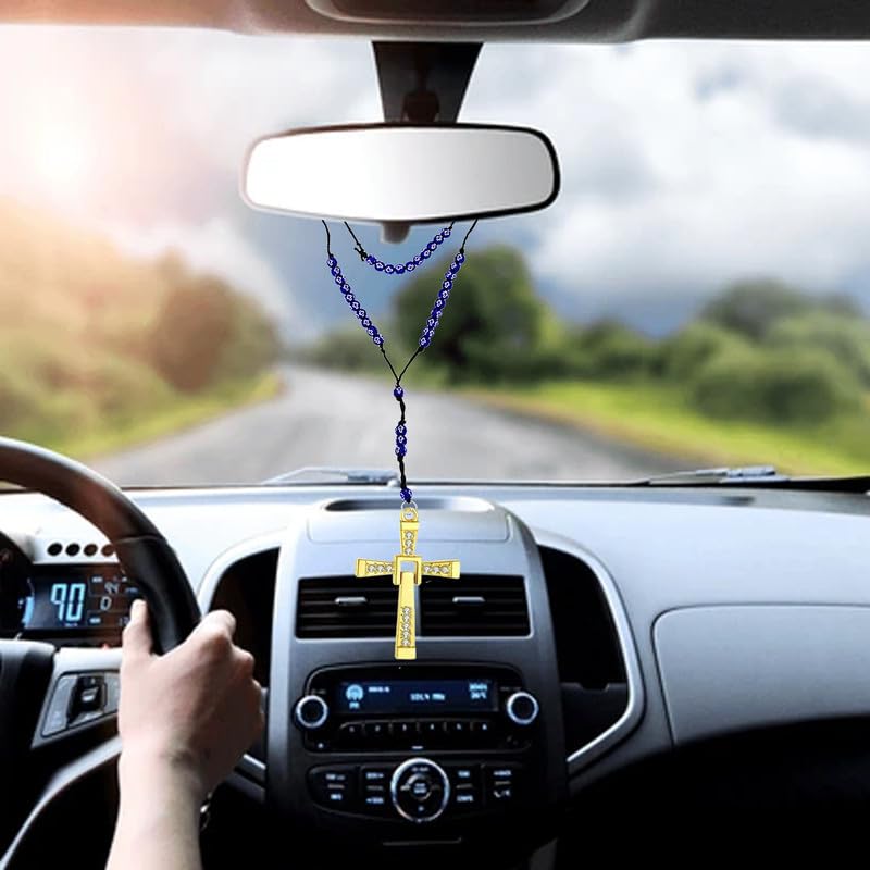 M Men Style Religious Lord Jesus Christ Crystal Cross Gold and Blue Catholic Rosary Beads Car Rearview Mirror Charm Car Dangler Ornament, Accessories, Gift SCrMa2024314