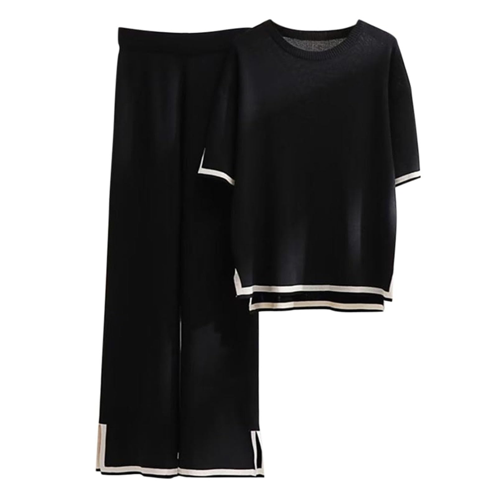 Womens Knit 2 Piece Sweater Sets Lounge Sets Silk Feel Oversized Casual Short Sleeve Knit Pullover Tops Wide Leg Pants Tracksuit Homewear Elegant Trousers Sets,006,M