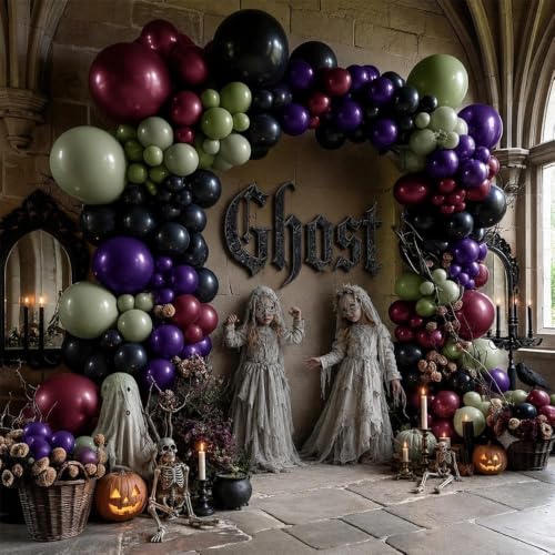 Image of Halloween Balloon Arch Double Stuffed Green Purple Burgundy Black Balloons