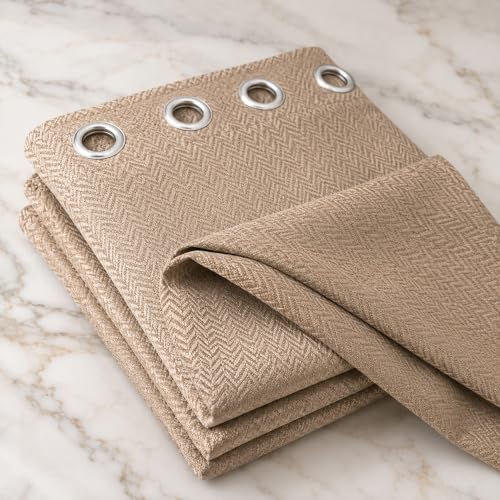 Image of LINENWALAS 100% Blackout Curtains for Window (5 Feet) - Set of 2 Panels, Herringbone Linen Texture Complete Light Block, Thermal Insulated & Noise Reducing Room Darkening Drapes (Mocha)