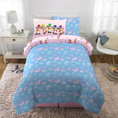 Image of Super Mario Girl Princess Peach Girl Gamer Kids Bedding Super Soft & Cozy Reversible Microfiber Comforter and Sheet Set with Sham, 5 Piece Twin Size, (Officially Licensed Product) By Franco