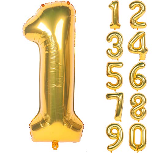 Image of 40In Large Gold Number Balloon 1 Aluminum Foil Mylar Big Number Balloon 0-9 | Suitable for Gold Birthday Parties, Weddings and Anniversary Photography