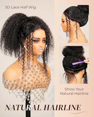 Image of Arabella Upgraded Half Wig Glueless Invisible Lace Hairline 3 in 1 Deep Curly Human Hair Wear & Go Wig 3D Cap HD Lace Seamless Blend Adjustable Drawstring Cap Beginner Friendly 20 Inch Natural Black