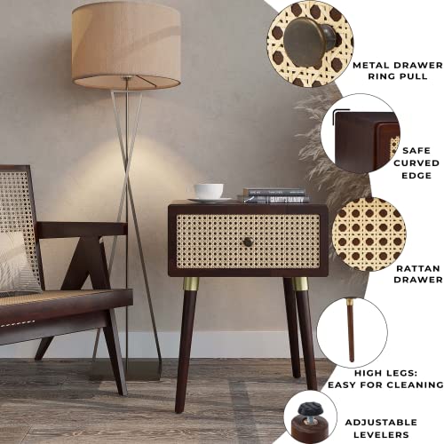 Bme Nipe Solid Wood Rattan Nightstand Boho Accent End Table With Large Storage Drawer, Fully Assembled For Coastal Mid Century Modern Bedroom And Living Room, Walnut #TOP3