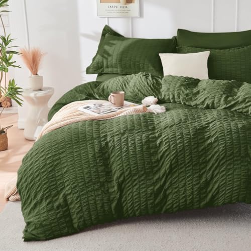 Image of HYMOKEGE Olive Green Full Size Comforter Sets Seersucker 7 Pieces, All Season Luxury Bed in a Bag for Bedroom, Bedding Set with Comforter, Sheets, Pillowcases & Shams