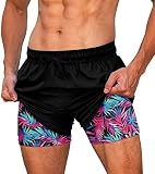 Cozople Board Shorts Men's Swim Trunks with Compression Liner Tropic Palm Tree Printed Quick Dry Bat