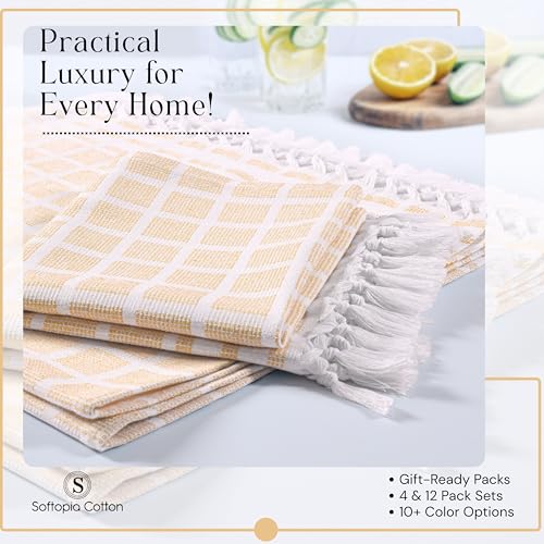Image of Matrix Dobby Kitchen Towels 4 Pack, 100% Cotton, 16x26 Inches, Absorbent Tea Towels with Handmade Tassels, Reusable Washable Cloths for Quick Drying and Cleaning - Pale Yellow, White