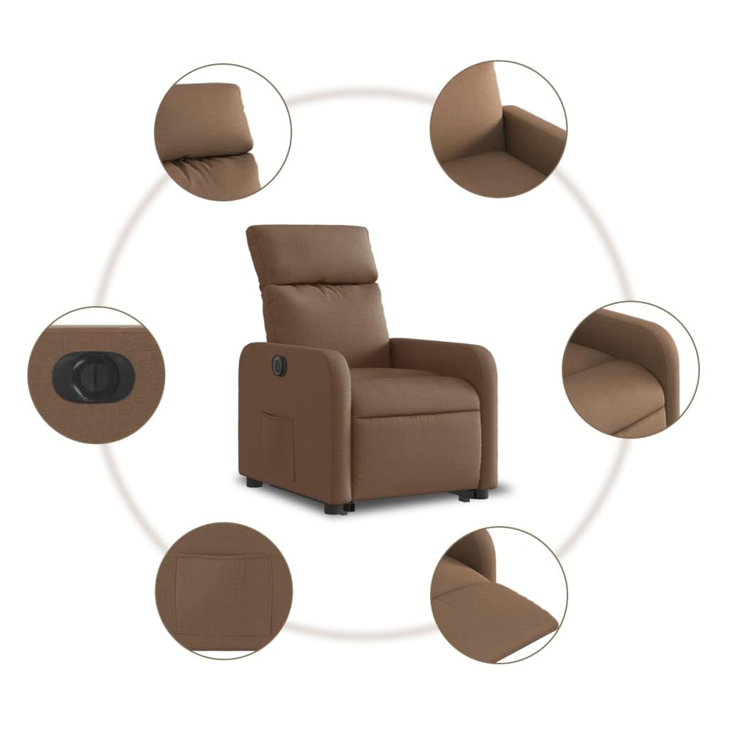 Sillón elevador reclinable eléctrico marrón tejido con motor para elevación y función reclinación automática hasta 135 grados, estructura estable de madera y metal,