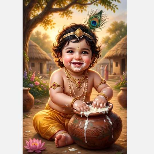 Krishna Makhan Chor Wall Poster | 12 x 18 Inch (No Frame) Premium 300 GSM Paper | Baby Krishna Poster For Pregnant Women | Laddu Gopal poster for expectant mothers | Bal Gopal Decor-image-31