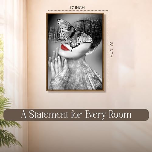 Image of Surreal Butterfly Woman Portrait Framed Canvas Painting For Living Room | Modern Nature Abstract Wall Art For Livingroom Wall Decor, Home Decor, Bedroom, Hallway's, Office, Hotel - 43x58 cm