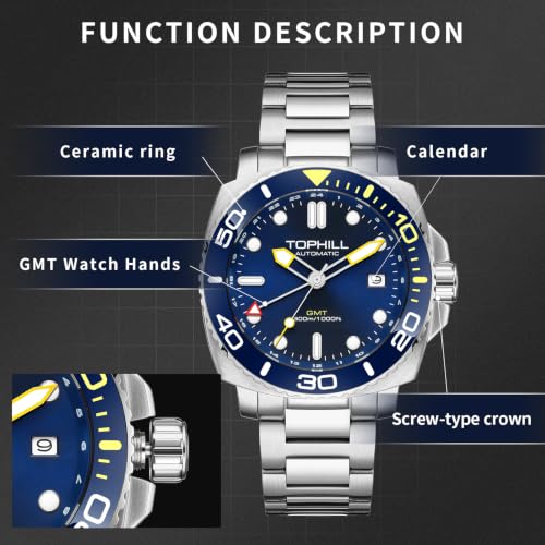 Image of TOPHILL Men Watches Automatic Mechanical Watches - Dive, GMT, Chronograph & Dress Styles | 316L Stainless Steel, Sapphire Crystal, Ceramic Bezel | 5ATM-300M Waterproof with Super Luminous | Classic Business & Sport Casual