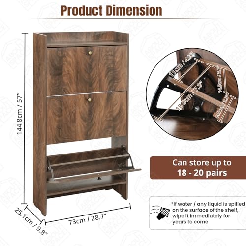 Image of ABOUT SPACE Shoe Cabinet - 5ft 3 Tier Shoe Rack with Flip Drawer| 18-20 Pair Engineered Wood Slipper Stand with Anti-Tipping Protection Removable /Adjustable Panels (Walnut-L73 x B25 x H145cm)