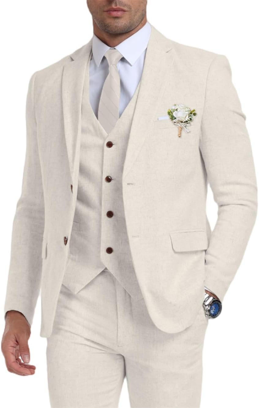 Retro Linen Suit for Men Casual Slim Fit 3 Pieces Groomsmen Suits Wedding Beach Jacket Blazer Vest Pants Tuxedo Beige