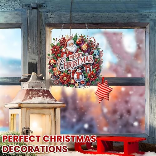 Image of HASTHIP Diamond Painting Kit Hanging Decor, Christmas Door Sign Hanging Decor, Shining Diamond Art Santa Claus Window Festive Ornament Christmas Gift 19x19cm